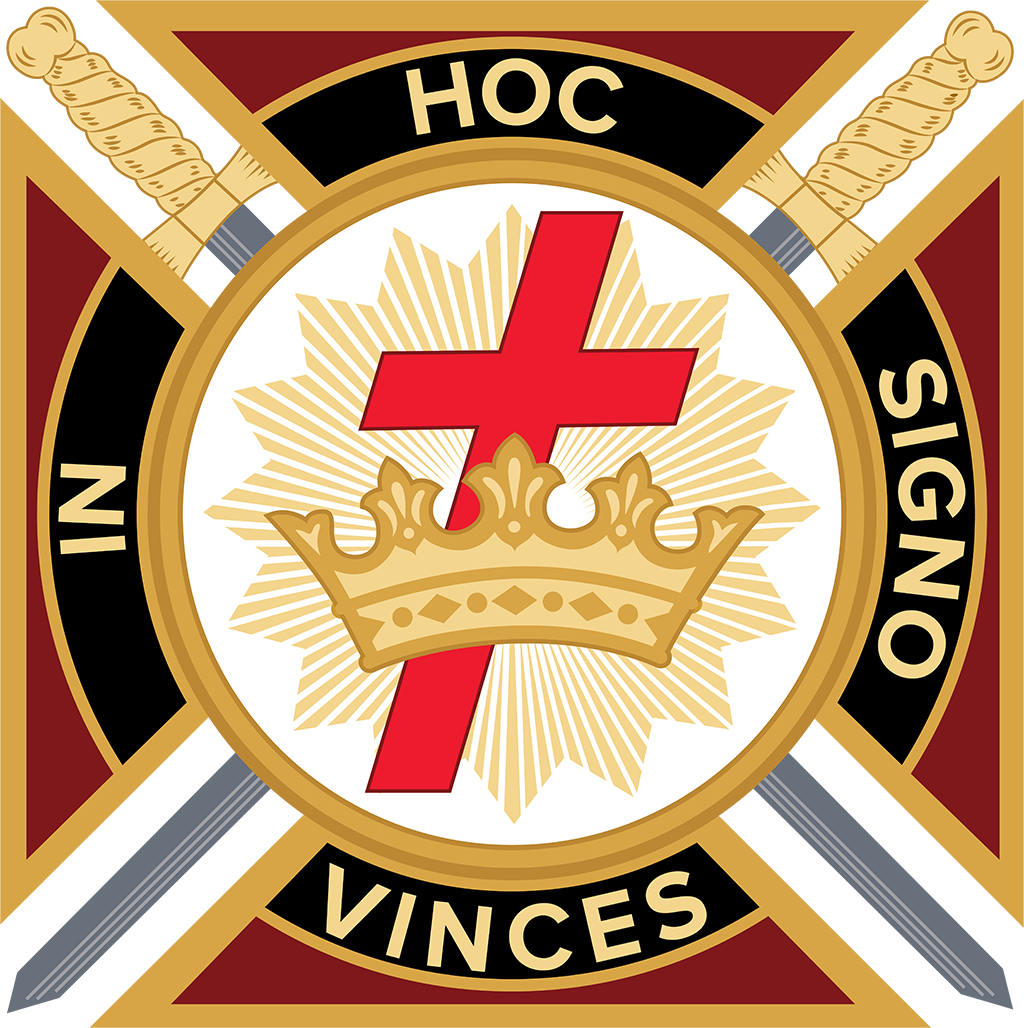 A cross and crown laid upon a cross pattée inscribed with "In Hoc Signo Vinces" resting upon downward pointing swords in saltire is often used to represent the Knights Templar.