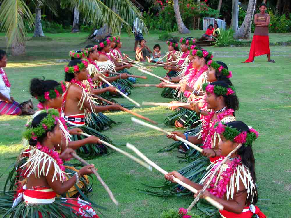 People performing a welcome ceremony on the Ulithi atoll in Micronesia