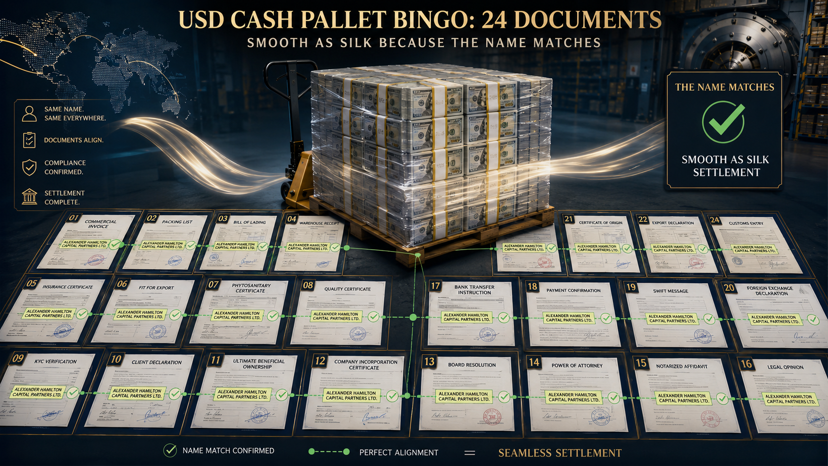 USD Cash Pallet Bingo: 24 Documents — When Settlement Happens Smooth as Silk Because the Name Matches